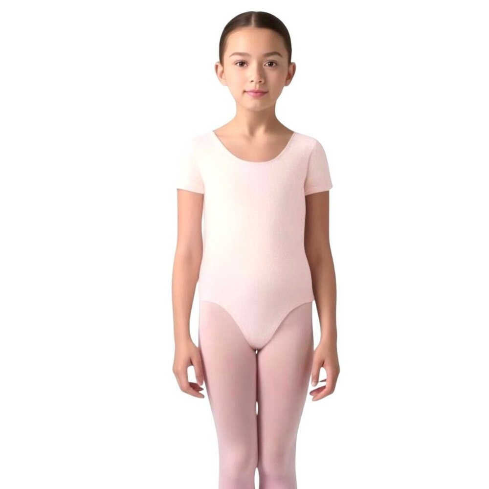 Capezio Childs L 12-14 Lined Front Pink Leotard Short Sleeve Scoop Neck Dance